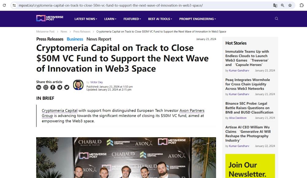 Cryptomeria Capital拟为其Web3风投基金募资5000万美元