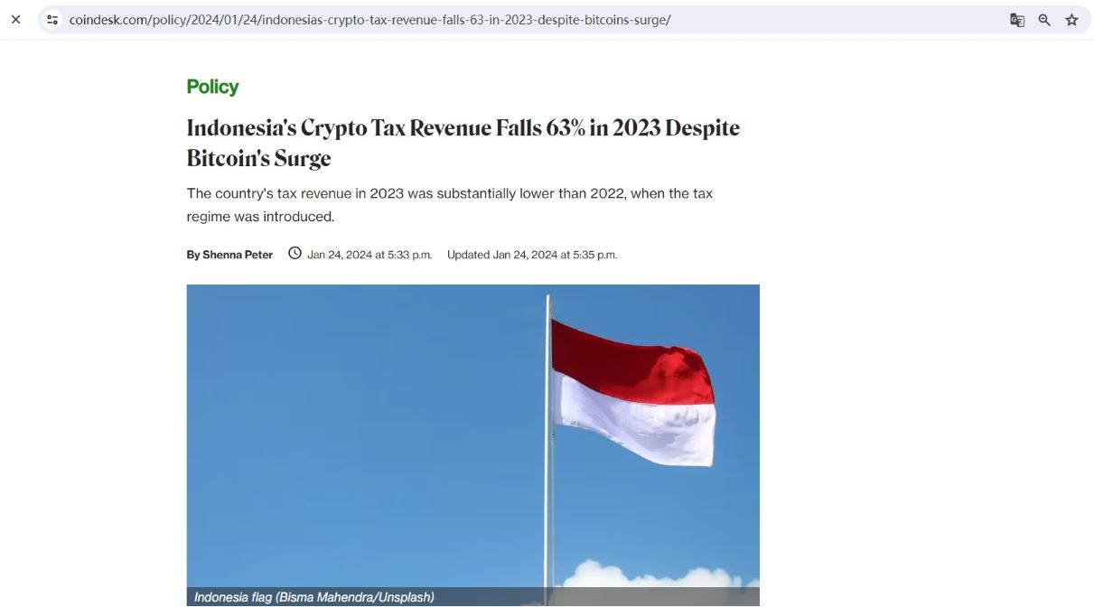 印度尼西亚2023年的加密货币税收收入下降63%至3170万美元