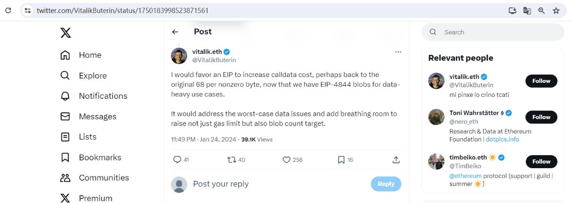 Vitalik Buterin：倾向于使用EIP来增加calldata成本