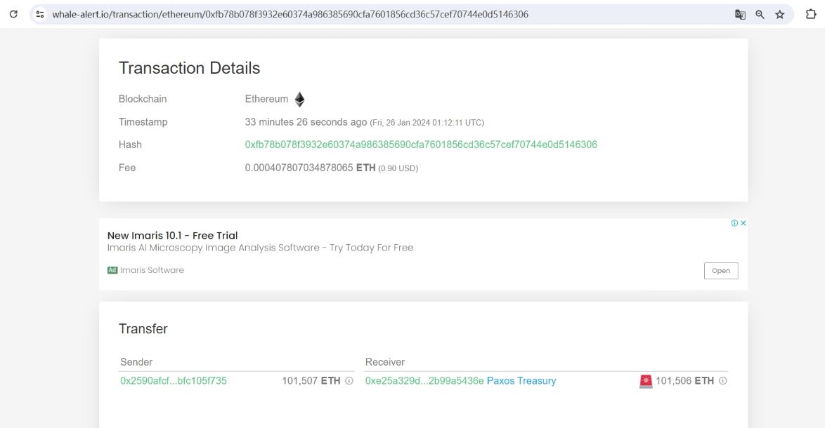 101,506枚ETH从未知钱包转移到Paxos Treasury