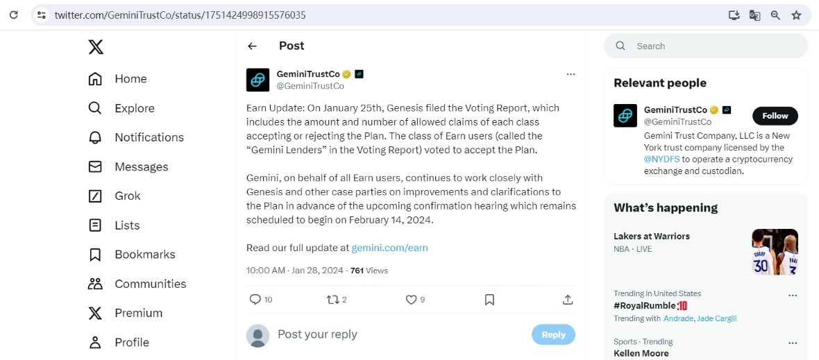 Gemini Trust：Genesis Earn用户已投票接受拟议重组计划