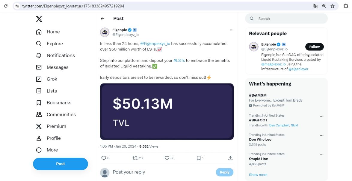 数据：Eigenpie已积累价值超5000万美元LST