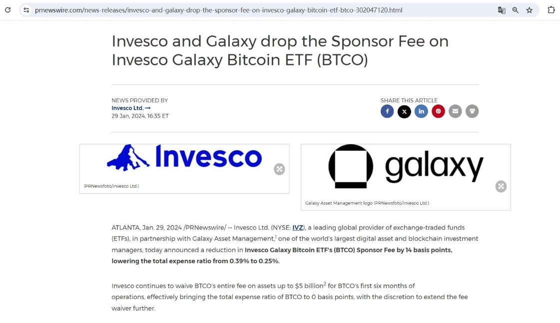 Invesco和Galaxy将其现货比特币ETF总费用率降至0.25%