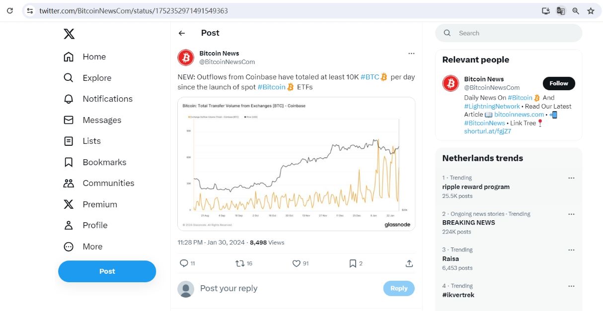 数据：自现货比特币ETF推出以来，Coinbase日均流出约1万枚BTC