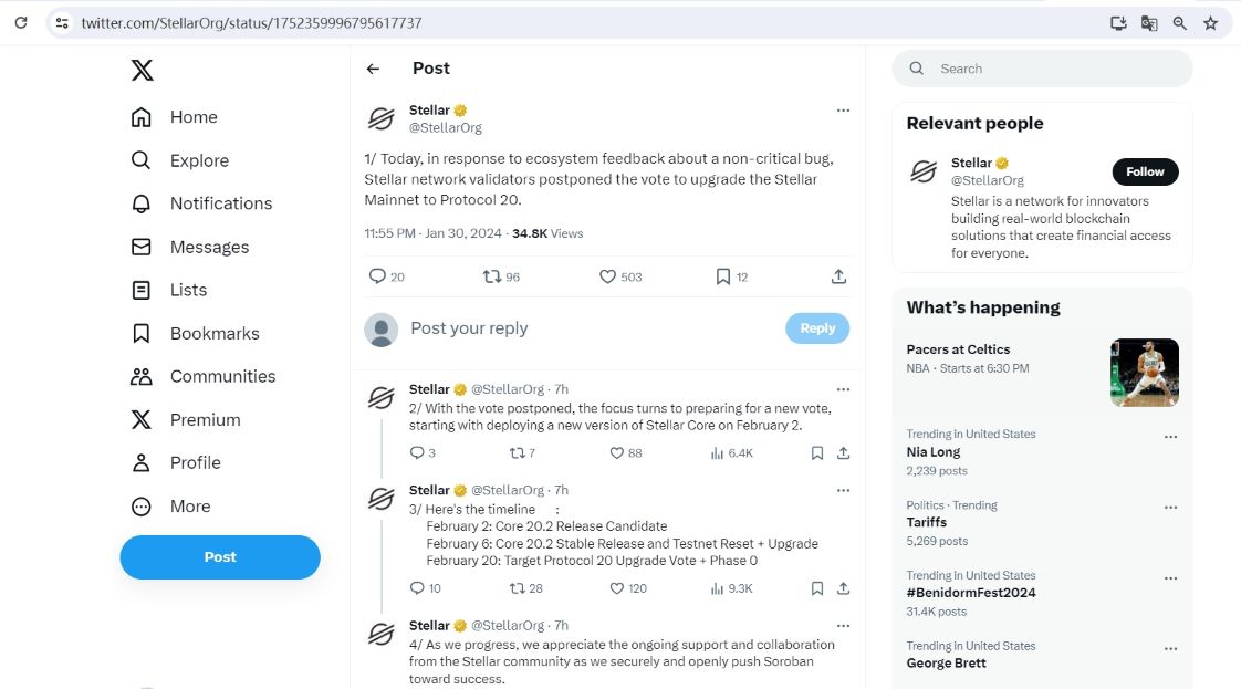 Stellar：主网升级至Protocol 20的投票将推迟至2月20日