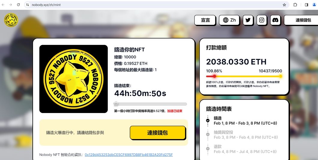 Nobody NFT打款总额已超100%，现为1885枚ETH