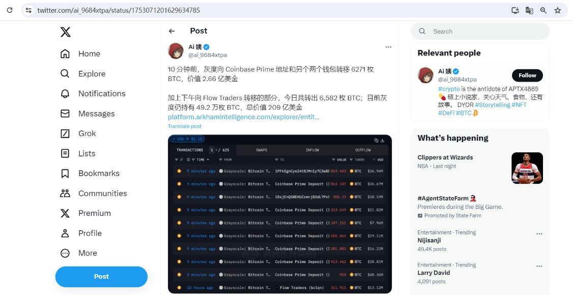 灰度10分钟前向Coinbase Prime等钱包地址转移了6271枚BTC