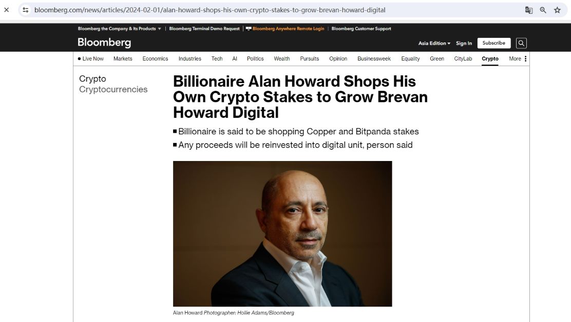 亿万富翁Alan Howard正出售其部分加密公司持股并再投资于Brevan Howard Digital
