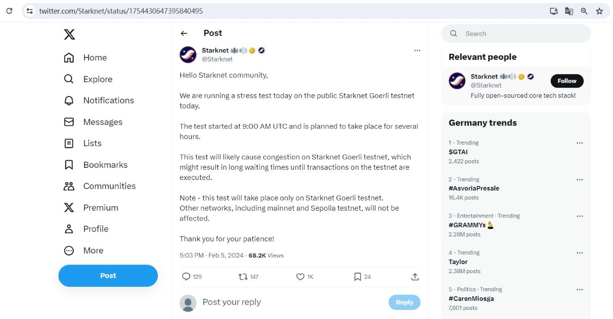 Starknet Goerli测试网开启压力测试，或将导致测试网拥堵