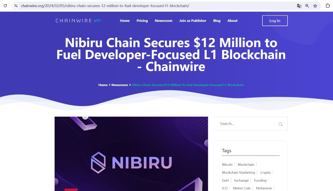 Nibiru Chain完成1200万美元融资，Kraken Ventures等参投