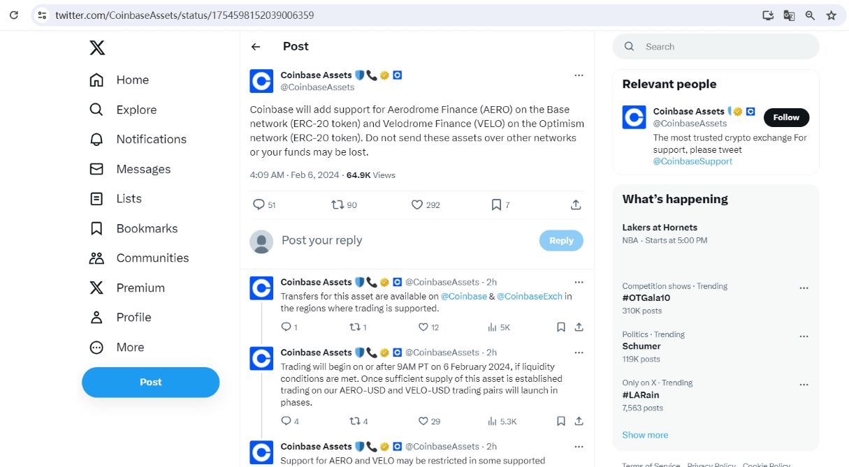 Coinbase将上线Aerodrome Finance(AERO)和Velodrome Finance(VELO)代币
