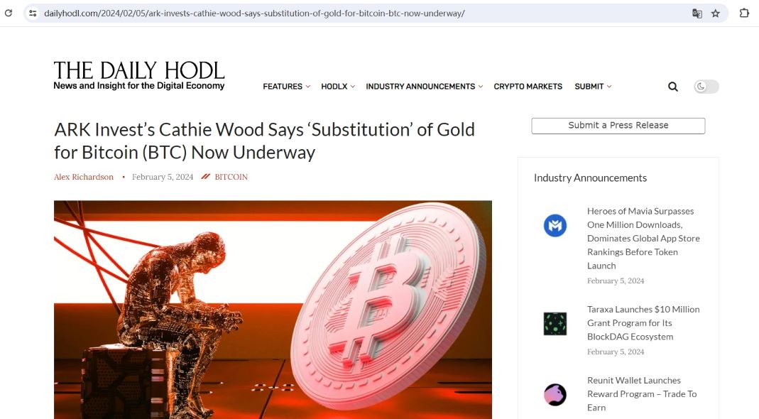 Cathie Wood：比特币正在取代黄金作为价值存储资产