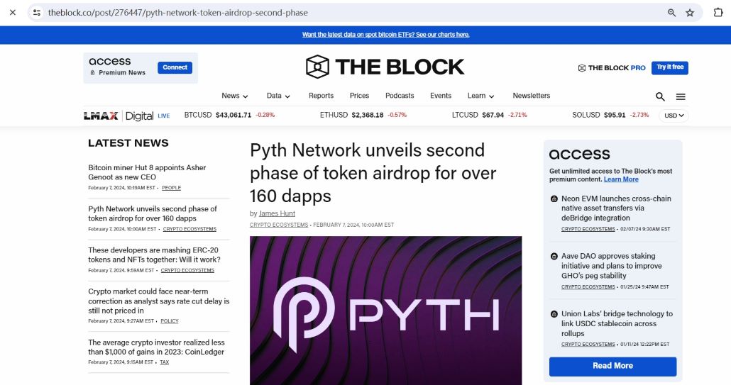 Pyth Network将向160个dapps分发大约1亿PYTH代币