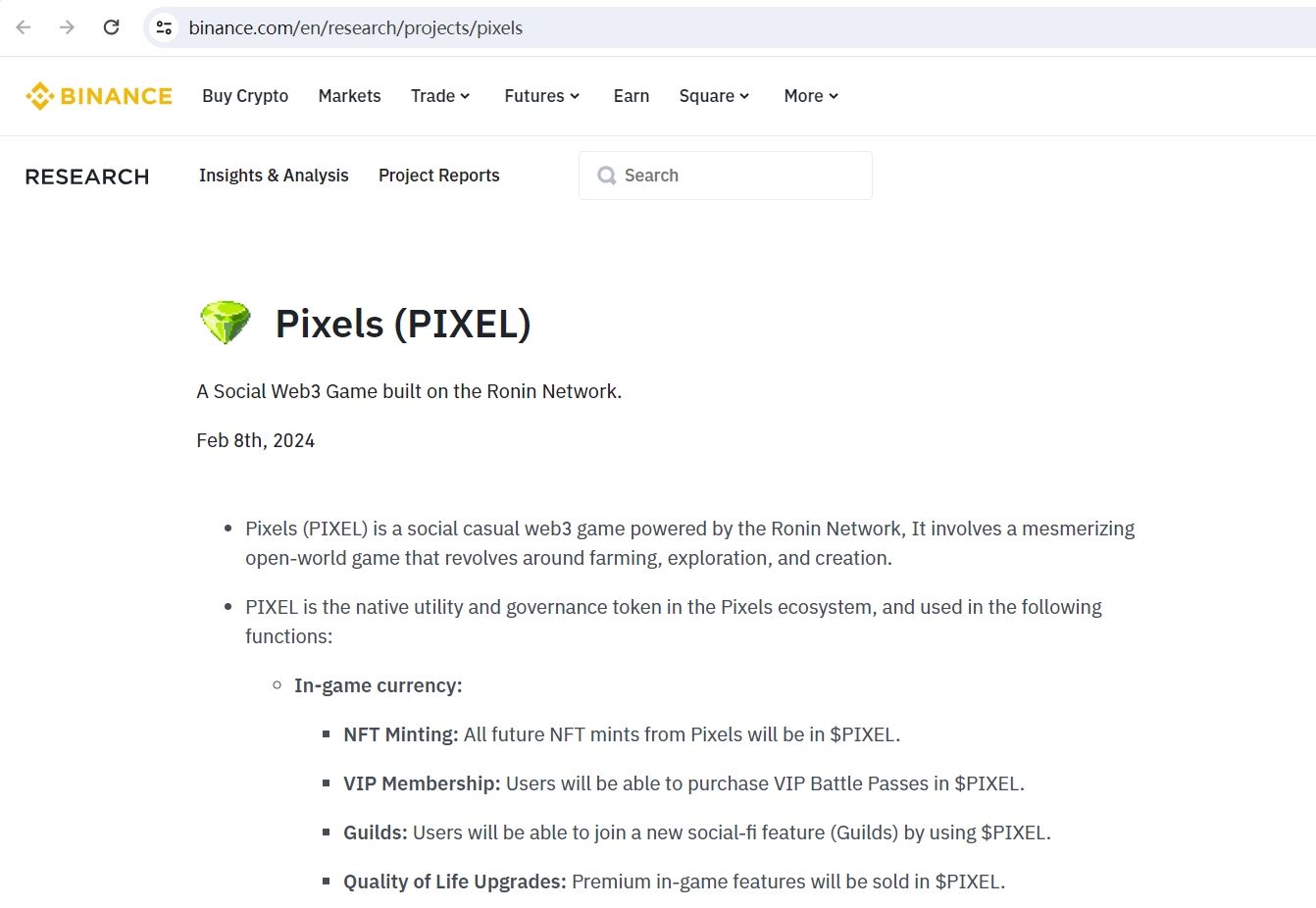币安研究院报告披露Web3游戏Pixels的代币经济学和路线图