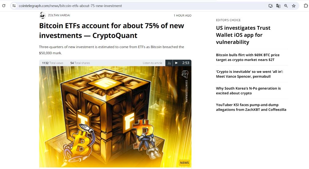 CryptoQuant：过去两周超四分之三的比特币新投资来自现货ETF
