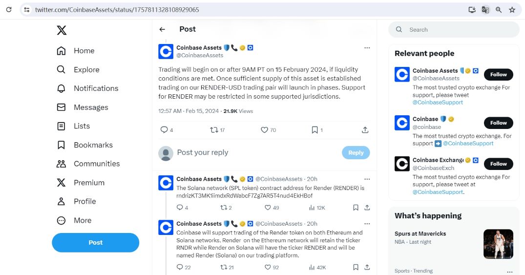 Coinbase将于2月16日凌晨1点上线RENDER
