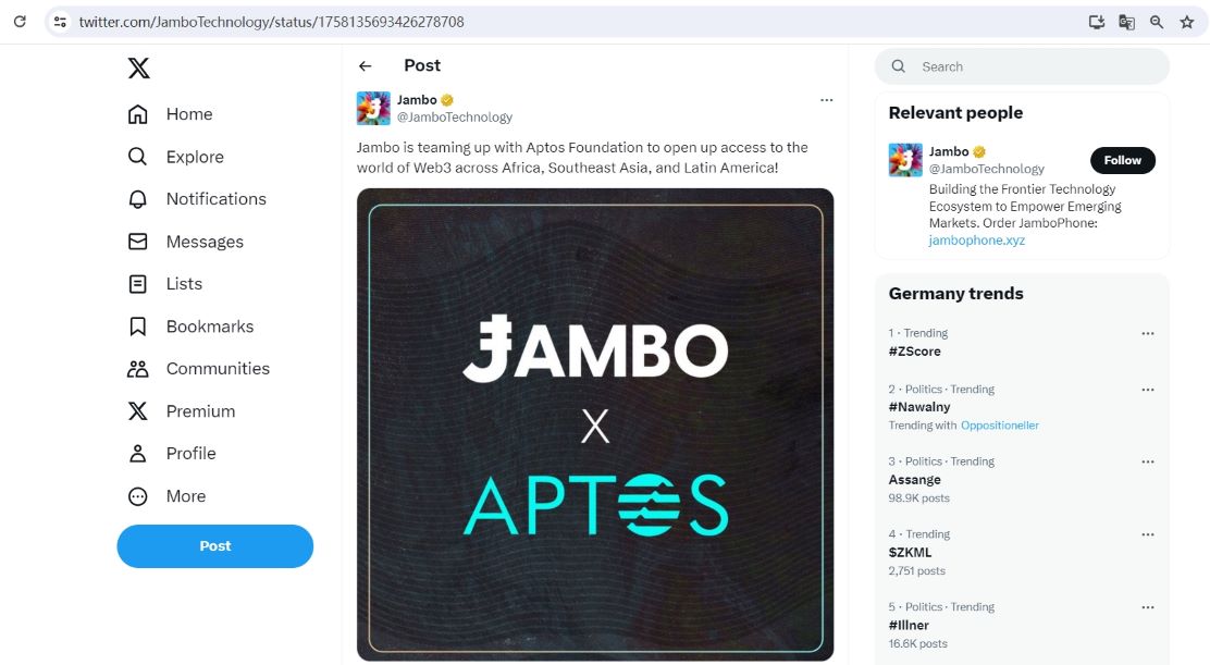 Aptos基金会与Jambo合作销售Jambo手机，单价99美元