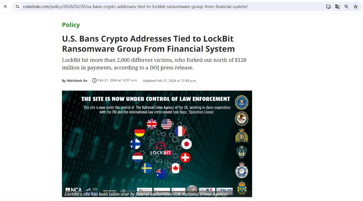 美国财政部将与勒索软件组织LockBit相关的加密货币地址列入制裁名单