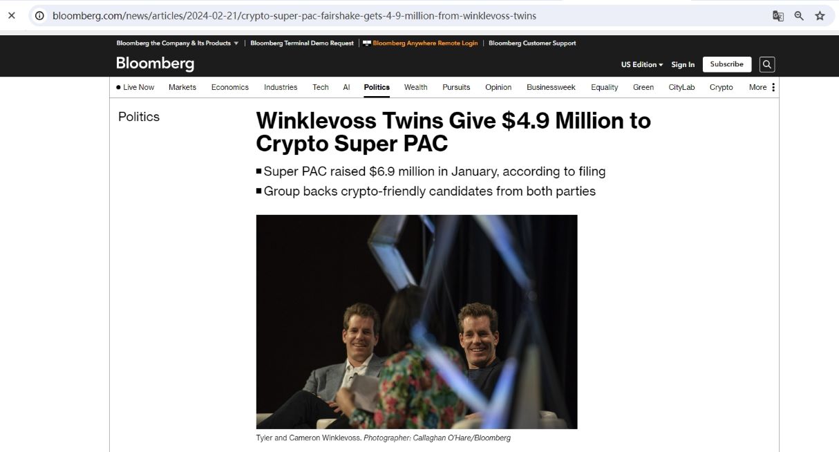 Winklevoss Twins向Crypto Super PAC捐赠490万美元