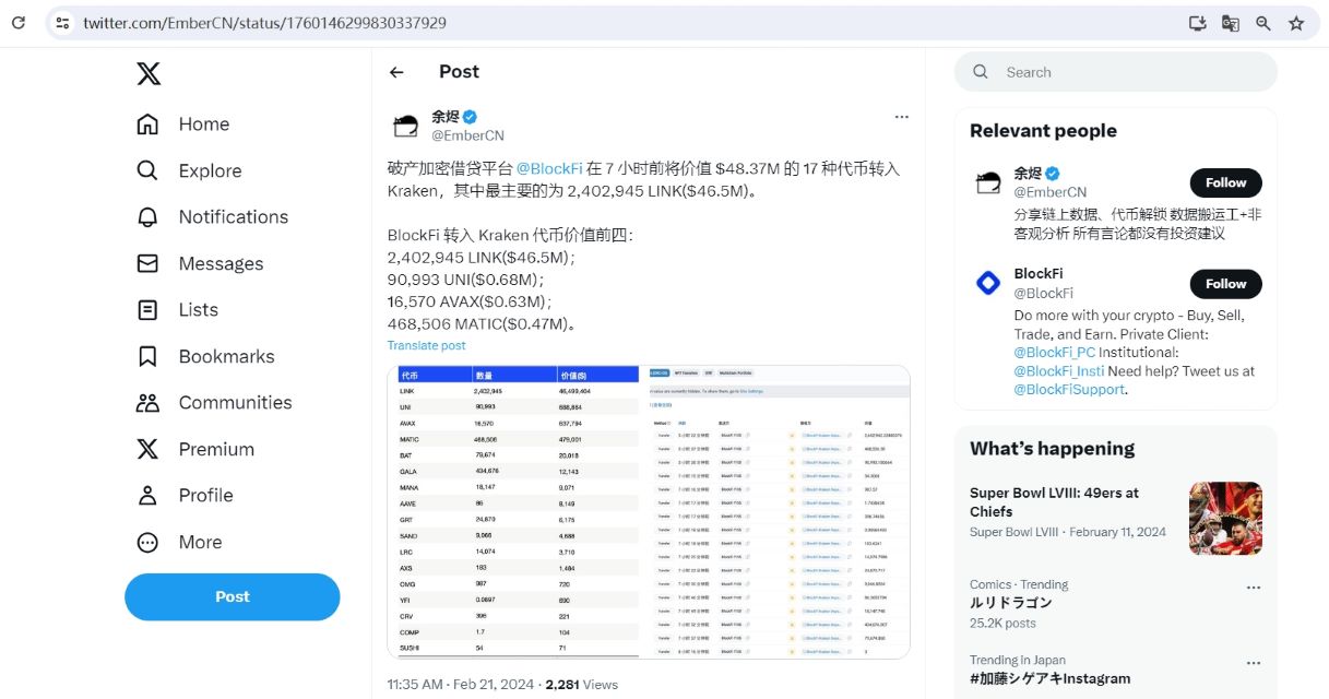 加密借贷平台BlockFi向Kraken转入价值4837万美元的17种代币