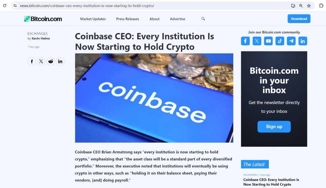 Coinbase CEO：加密货币将成为每个多元化投资组合的标准组成部分