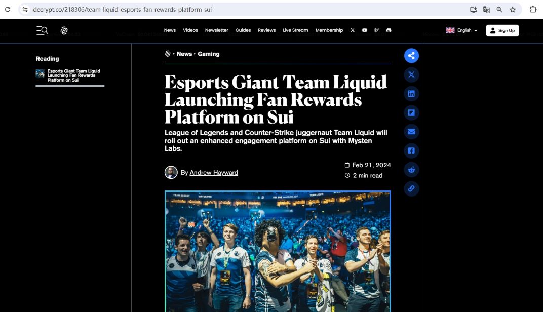 电竞巨头Team Liquid拟在Sui区块链上推出粉丝奖励平台