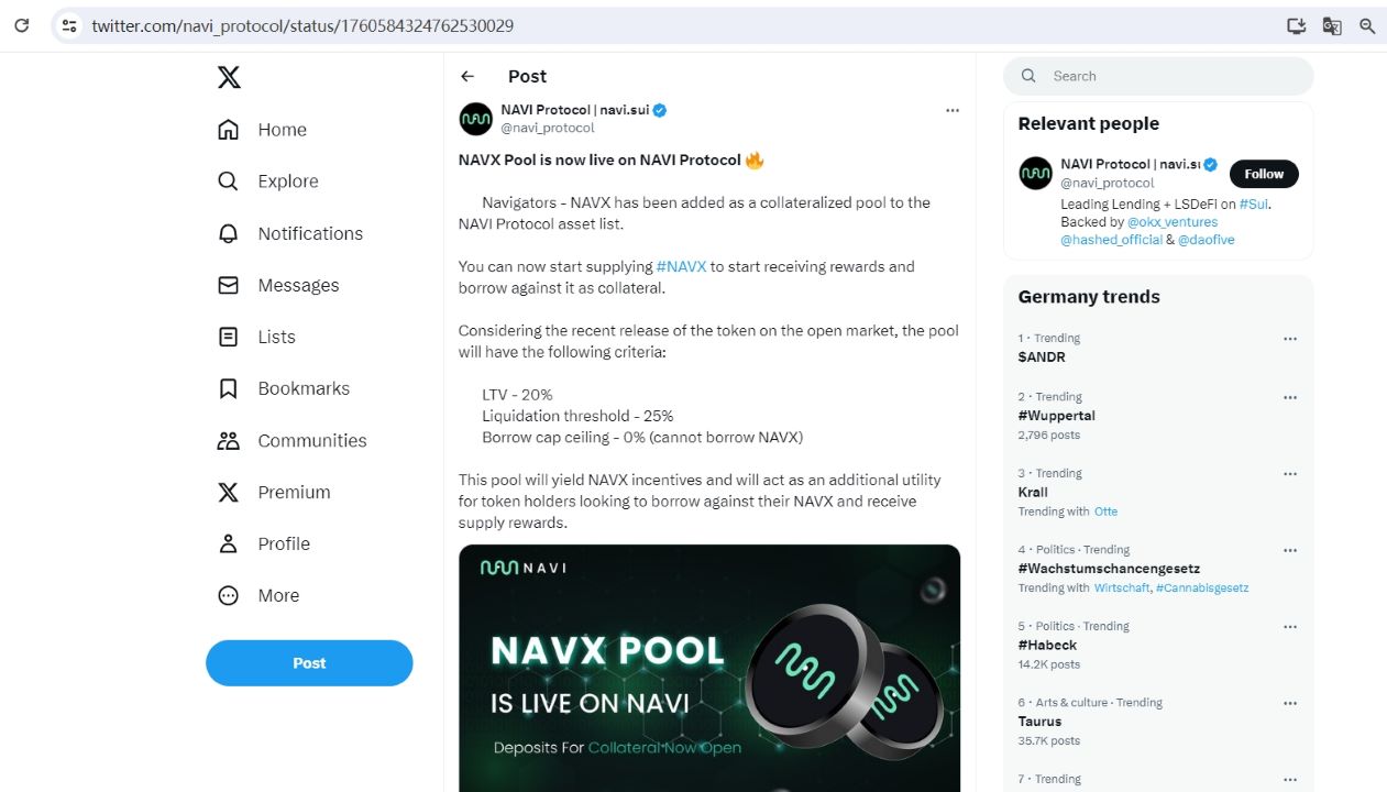 NAVI Protocol上线NAVX Pool，用户可提供NAVX赚取收益并参与借贷