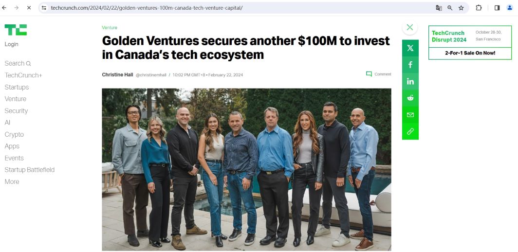 加拿大风险投资公司Golden Ventures完成第五轮超过1亿美元的资本承诺