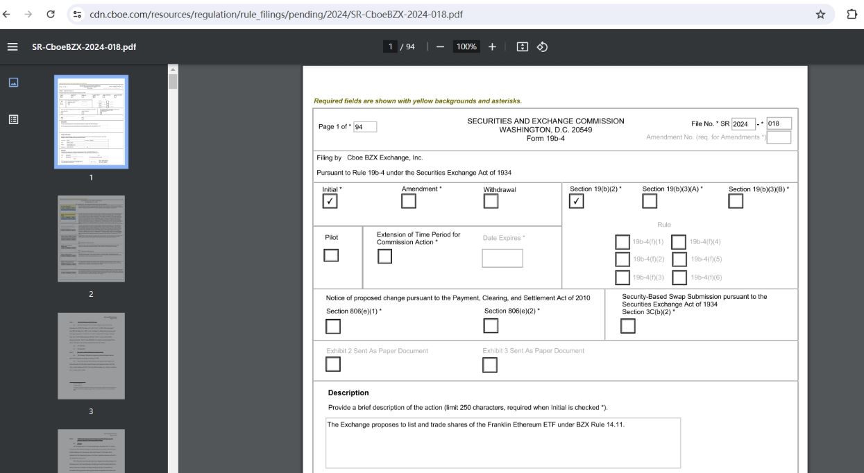 富兰克林邓普顿就现货以太坊ETF提交19b-4文件