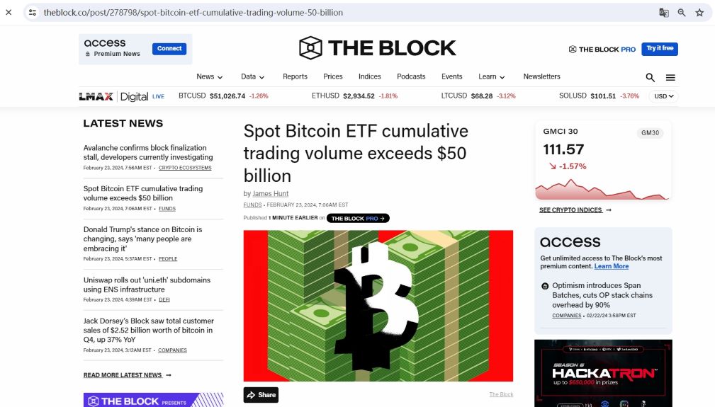 The Block：现货比特币ETF累计交易量突破500亿美元