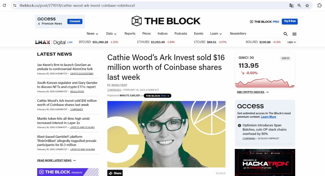 Ark Invest上周出售价值1600万美元的Coinbase股票