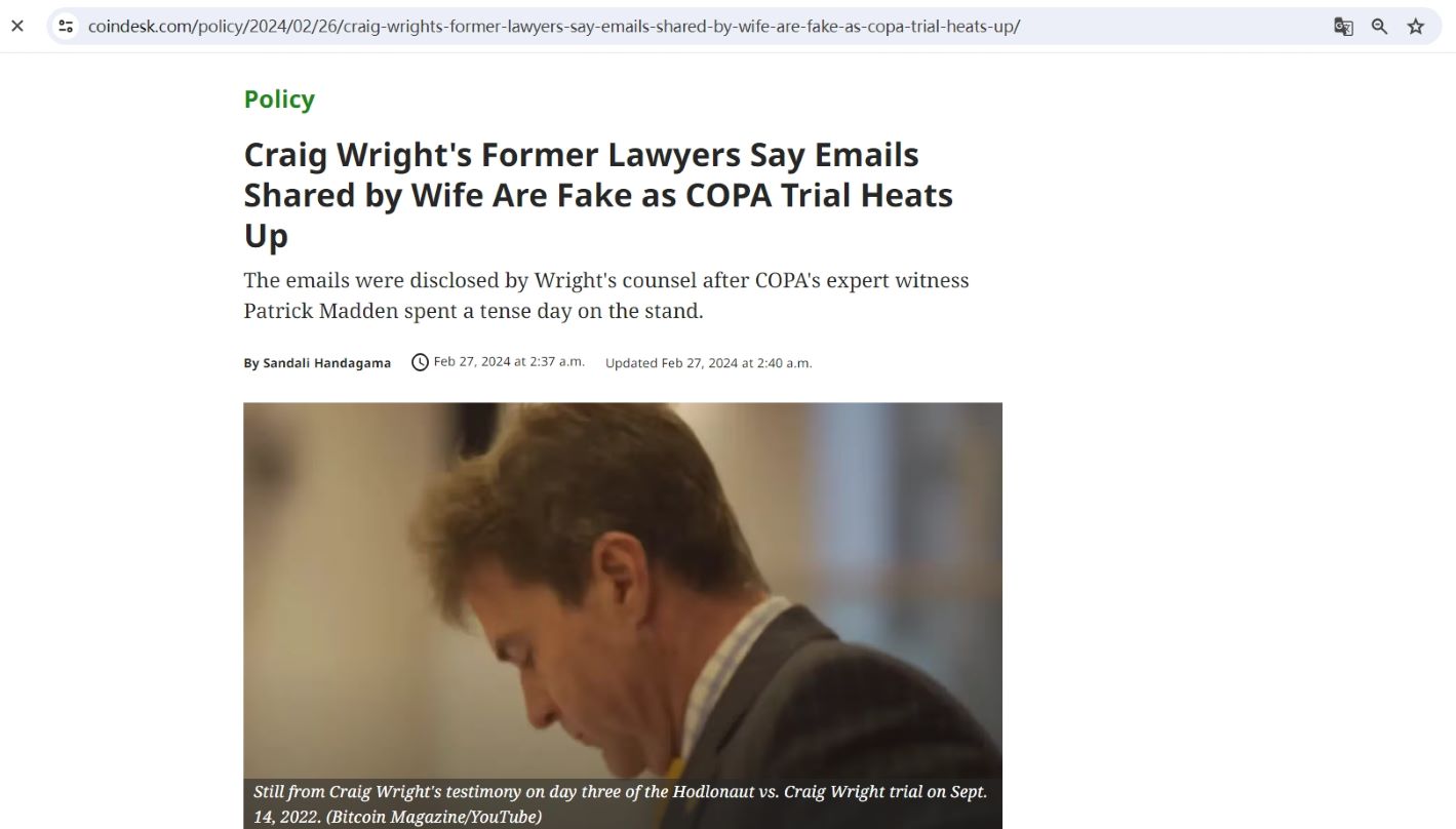Craig Wright的前律师在COPA审判中披露其妻子分享邮件证据系伪造