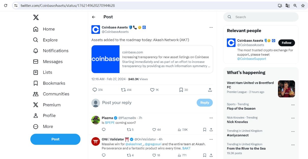 Coinbase将Akash Network(AKT)加入上币路线图