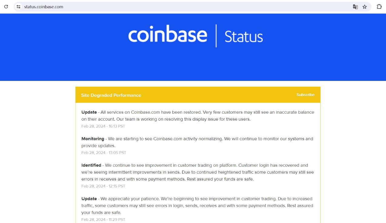 Coinbase：官网所有服务已经修复