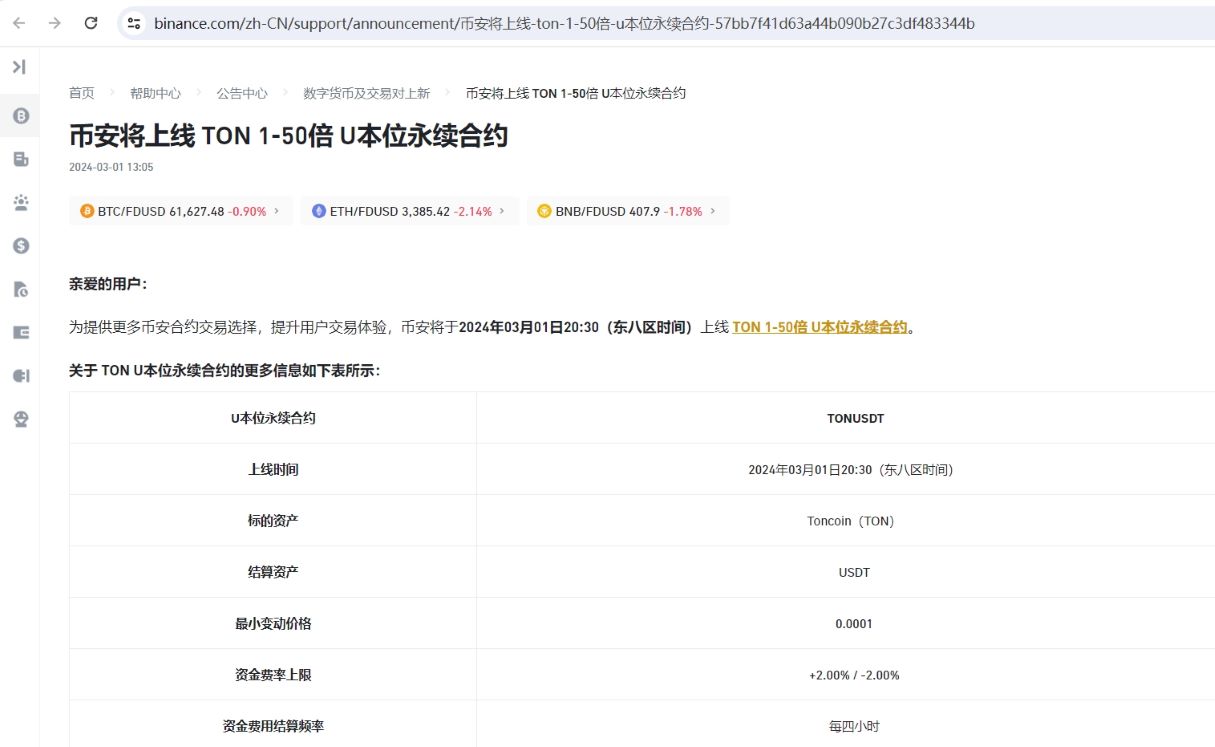币安将上线TON 1-50倍U本位永续合约