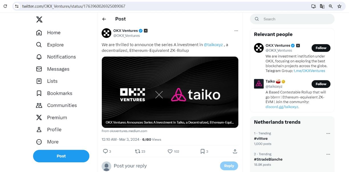 OKX Ventures宣布对以太坊二层网络Taiko追加投资