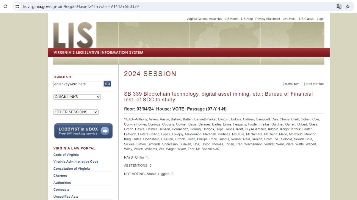 美国弗吉尼亚州立法者通过加密友好法案，将成立加密工作组