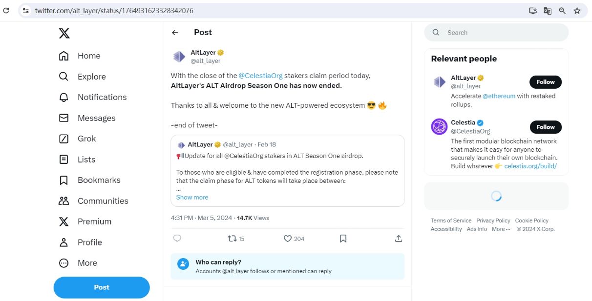 AltLayer：Celestia质押者第一季ALT空投申领已结束