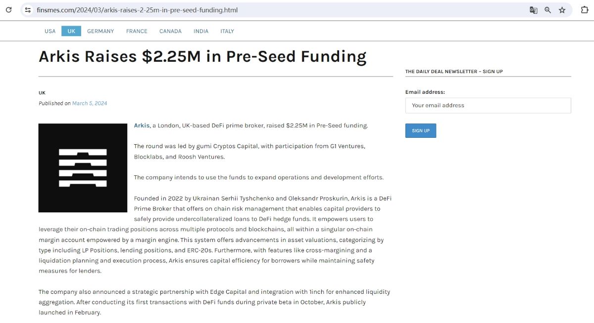 伦敦DeFi主经纪商Arkis完成225万美元Pre-Seed融资