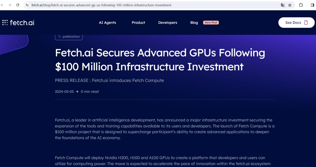 Fetch.ai宣布启动1亿美元基础设施投资以解决GPU短缺问题
