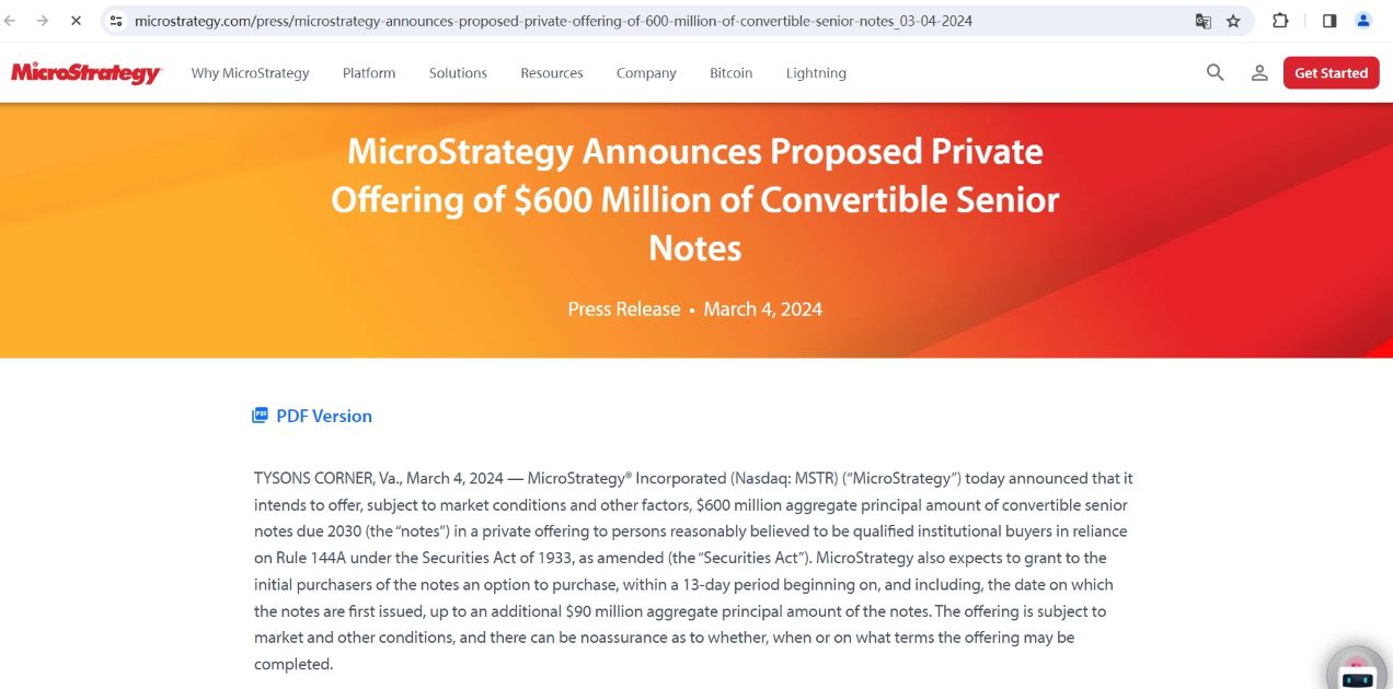 MicroStrategy拟发行6亿美元可转换优先票据，出售净收益将用于增持比特币