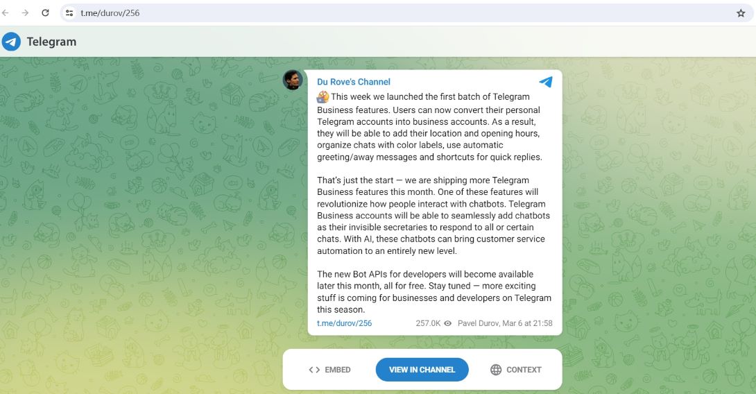 Telegram已推出第一批Telegram商务功能