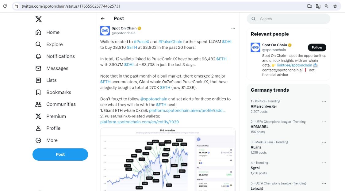 与PulseX和PulseChain相关的钱包20小时内买入38,810枚ETH