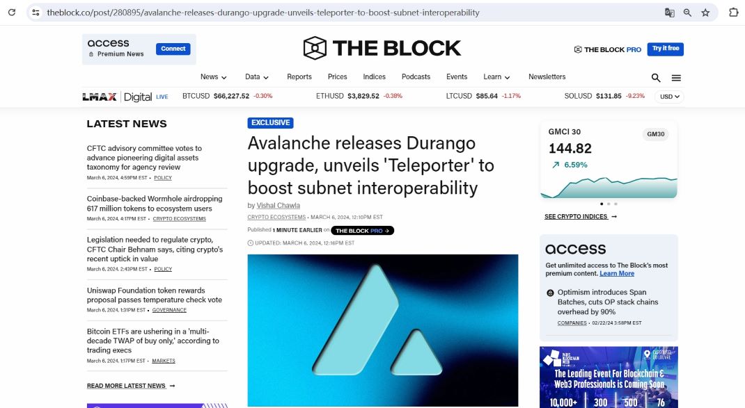 Avalanche发布Durango升级，推出Teleporter以增强子网互操作性