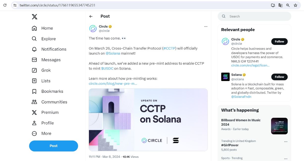 Circle跨链传输协议CCTP将于3月26日上线Solana主网