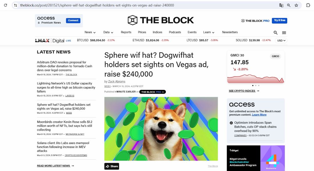 dogwifhat社区用户拟筹集65万美元，以在拉斯维加斯投放广告