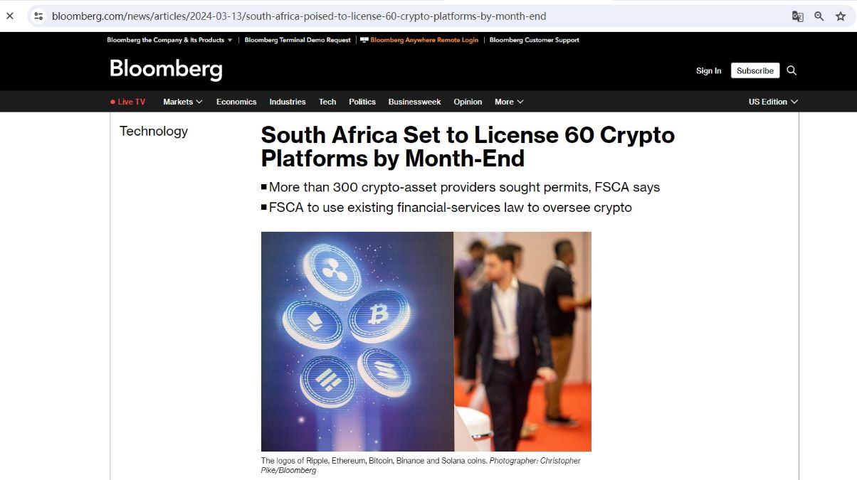 南非将于三月底前向60个加密平台颁发许可证