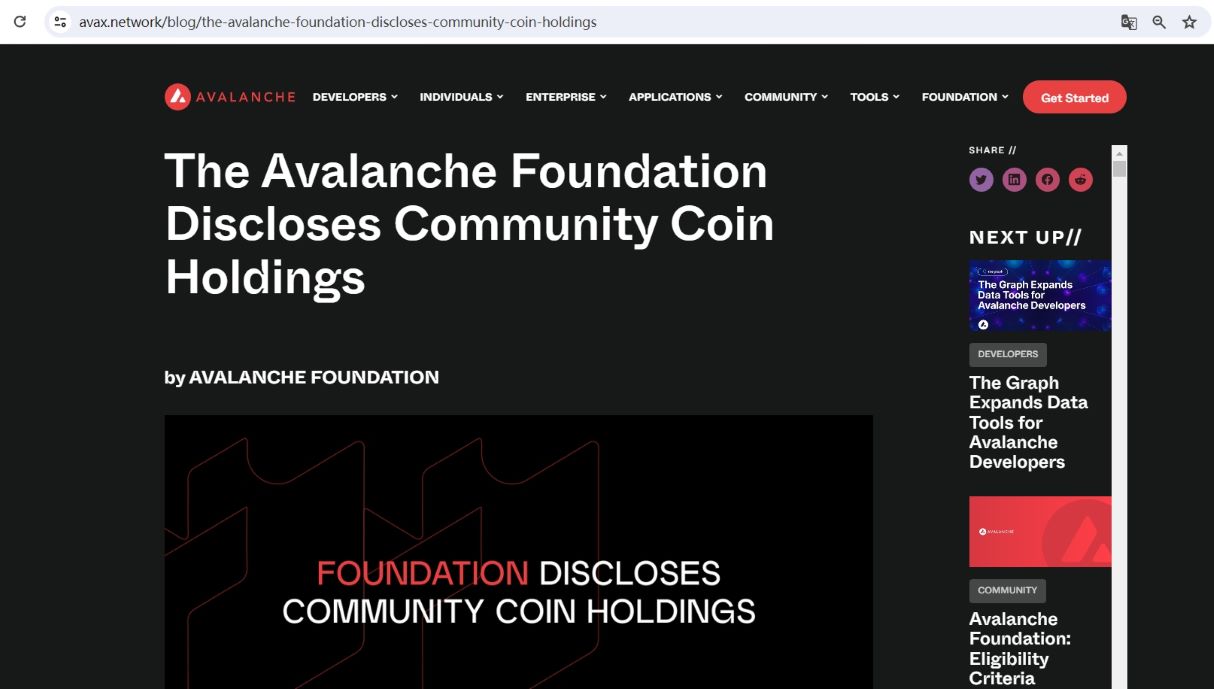 Avalanche基金会披露其目前持有的5种社区币，包括Coq Inu等
