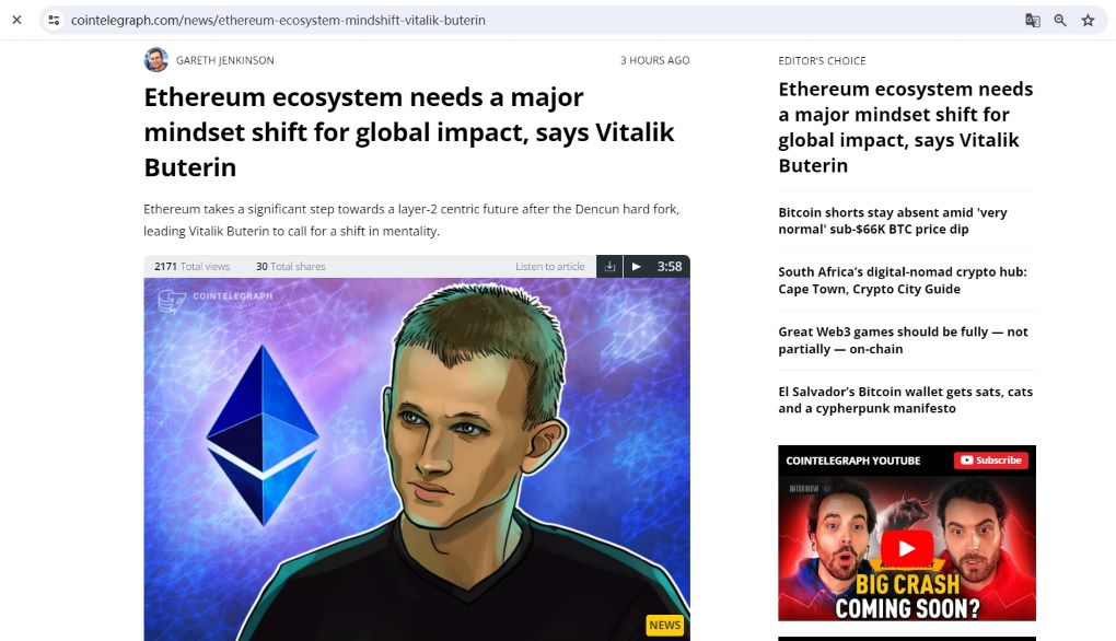 Vitalik：以太坊生态系统需要重大思维转变才能产生全球影响