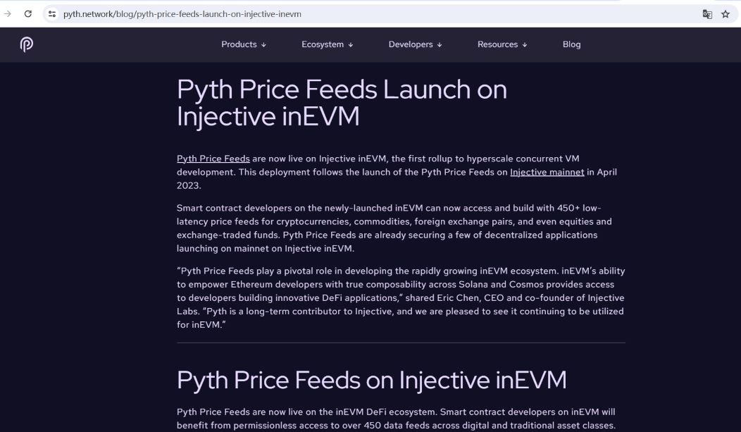 Pyth Network现已为Injective inEVM提供喂价服务